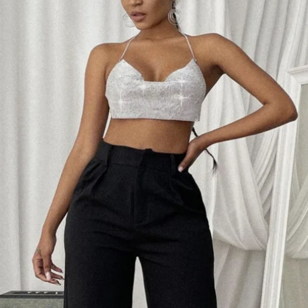 GLITTER Metal Mesh Sequin Halter Chain Crop Top Backless Nightclub Rave Party OS